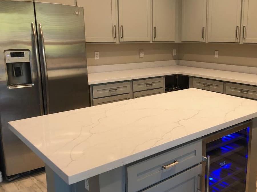 Marble-look quartz countertop installed on a kitchen island